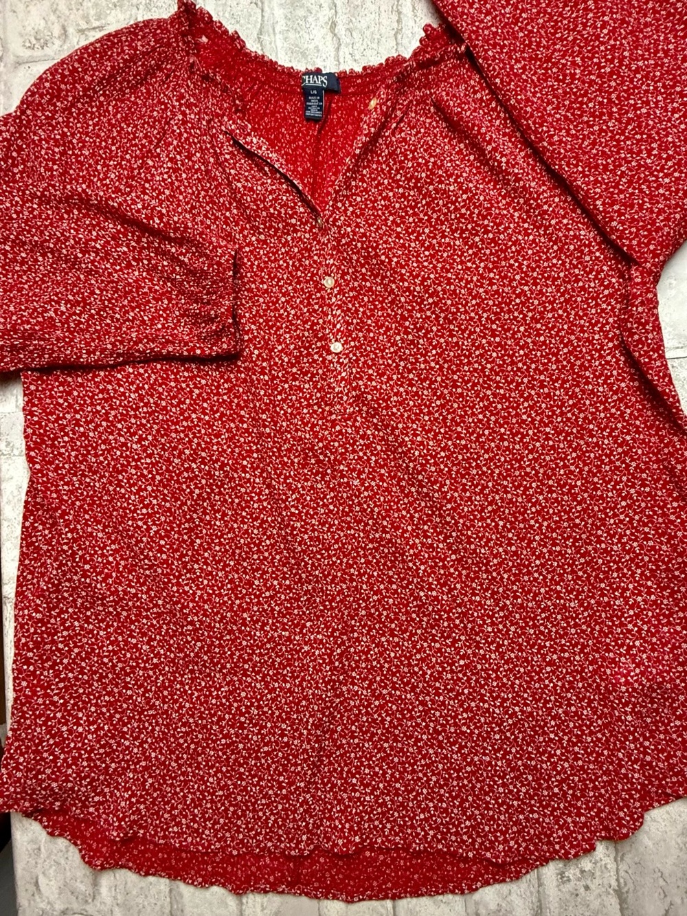 Chaps Red/White Floral Woven Cotton Button Accent V-Neck 3/4 Blouse Sz L 😍